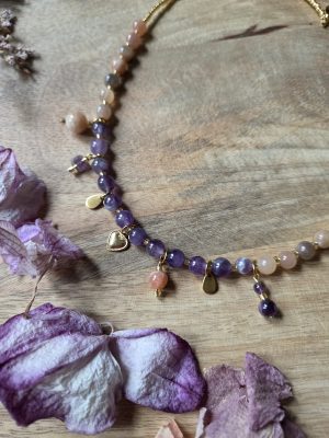 Commande personnalisée – Collier coeur doré Améthyste & Pierre de lune