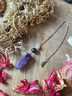 Pendule Améthyste, Hématite, Quartz rose & lune argentée