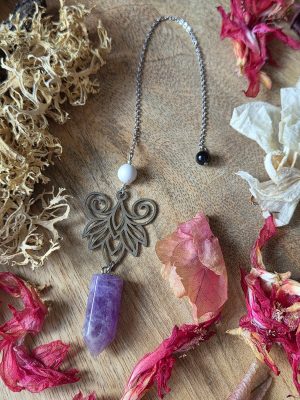 Pendule Améthyste, Howlite, Obsidienne & fleur de lotus argentée