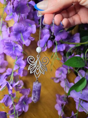 Pendule Améthyste, Howlite, Obsidienne & fleur de lotus argentée