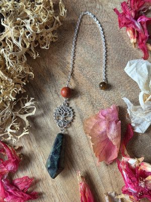 Pendule Jaspe kambaba, Jaspe rouge, Œil de tigre & arbre de vie argenté