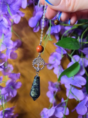 Pendule Jaspe kambaba, Jaspe rouge, Œil de tigre & arbre de vie argenté