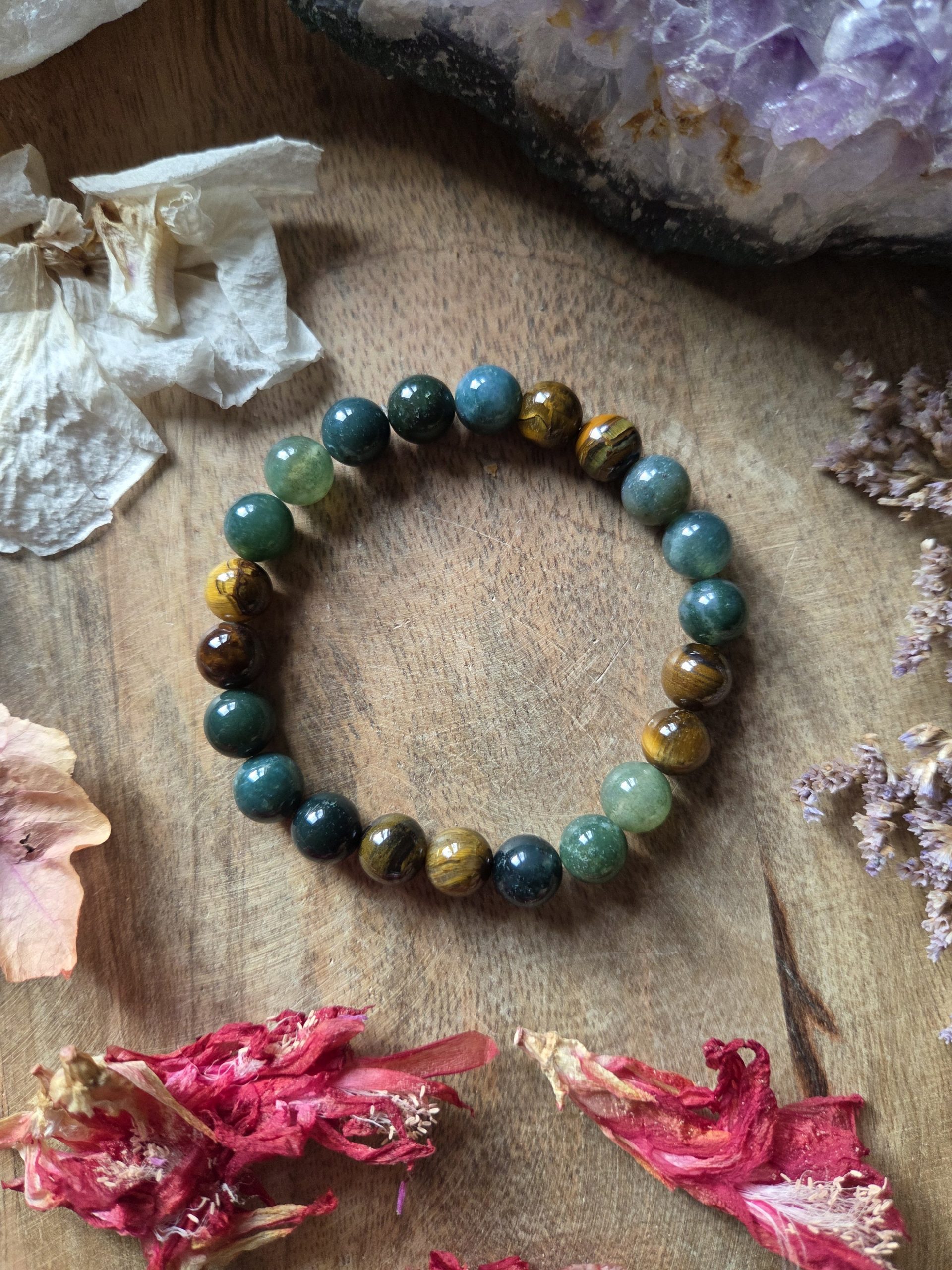 Bracelet Agate mousse, Œil de Tigre - Ancrage & Abondance