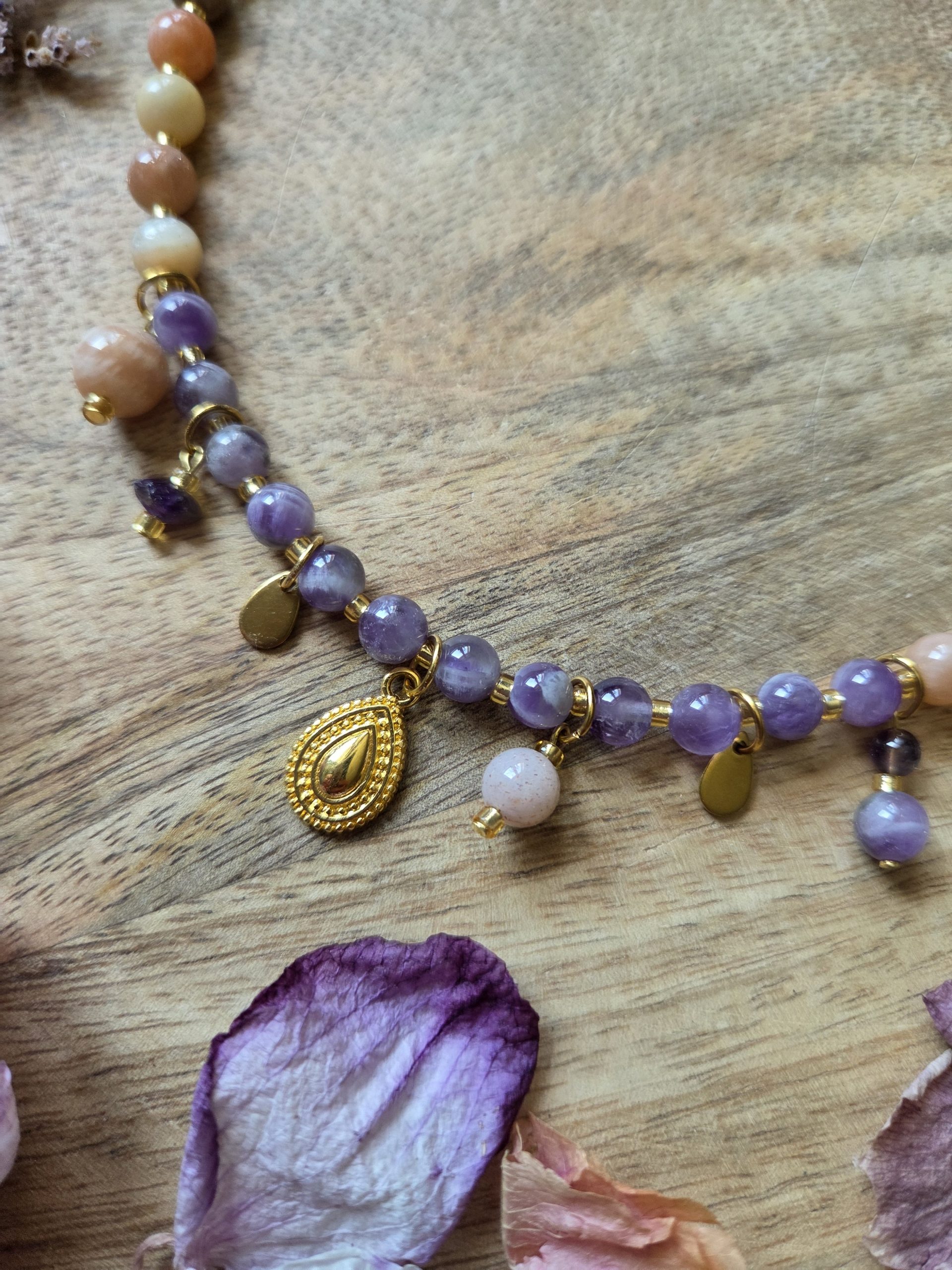 Collier breloques grigri - Améthyste & Pierre de lune
