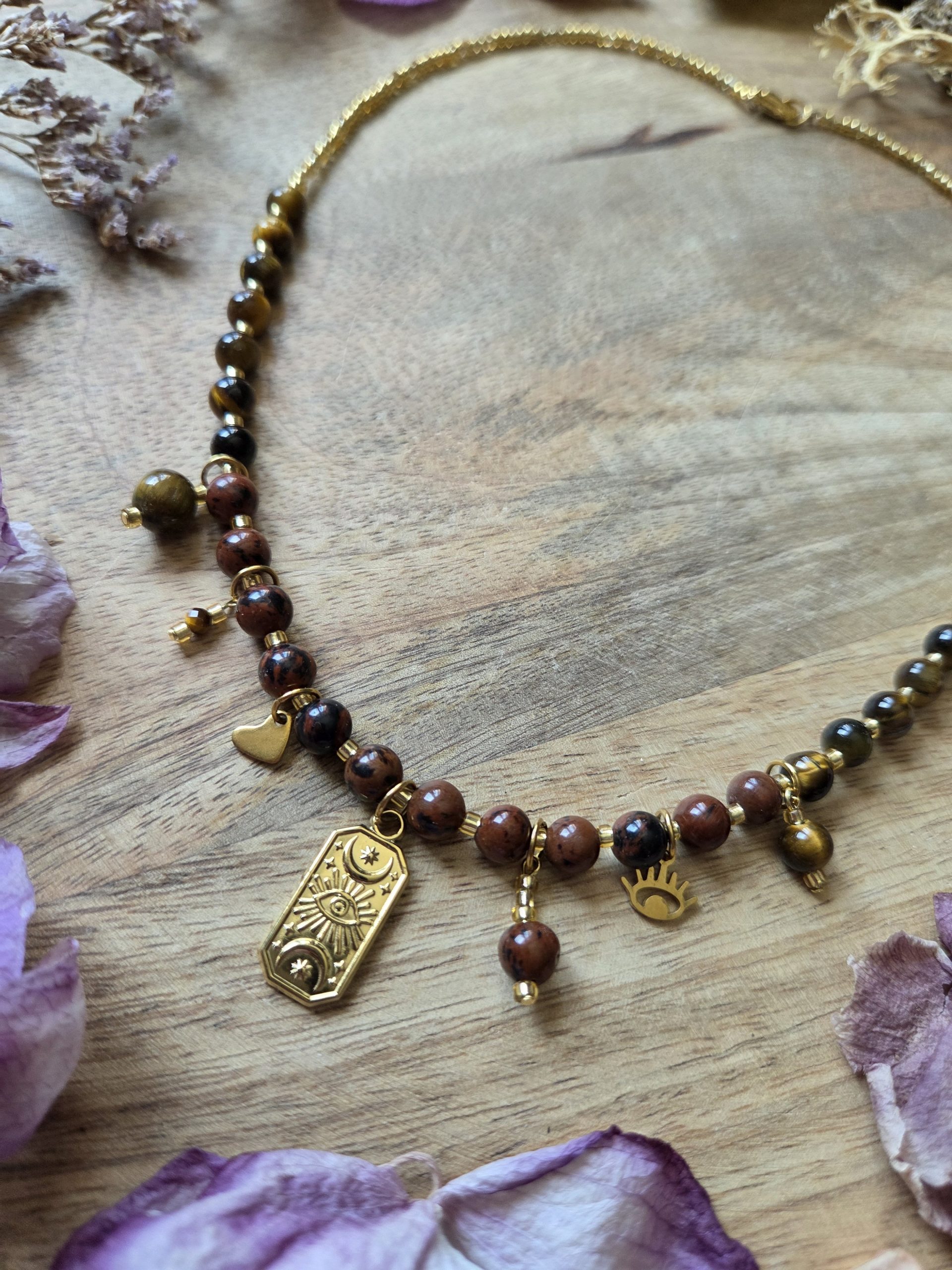 Collier breloques grigri - Obsidienne acajou & Œil de tigre – Image 3