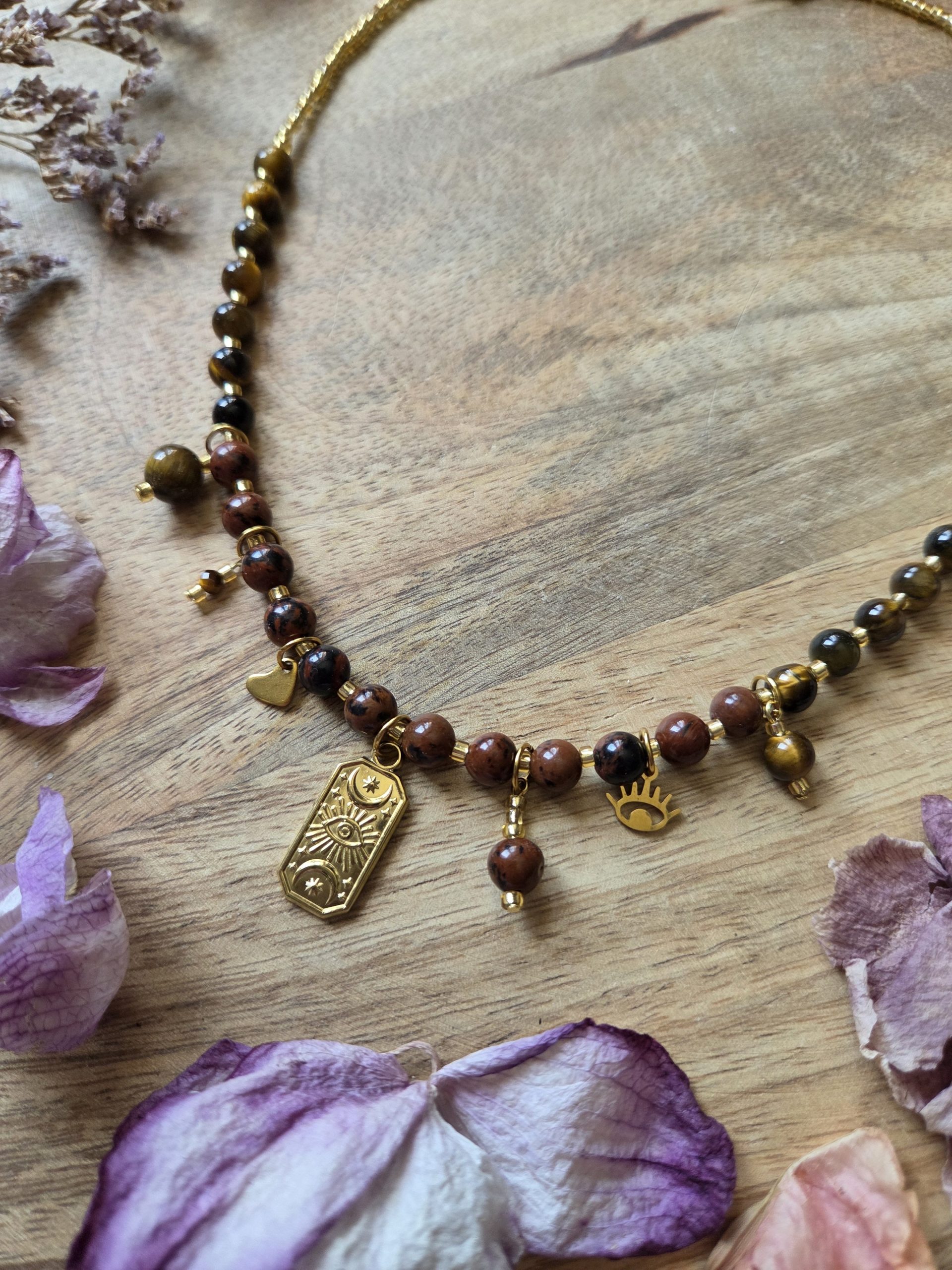 Collier breloques grigri - Obsidienne acajou & Œil de tigre – Image 5