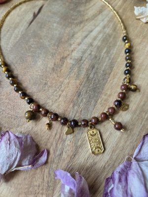 Collier breloques grigri – Obsidienne acajou & Œil de tigre