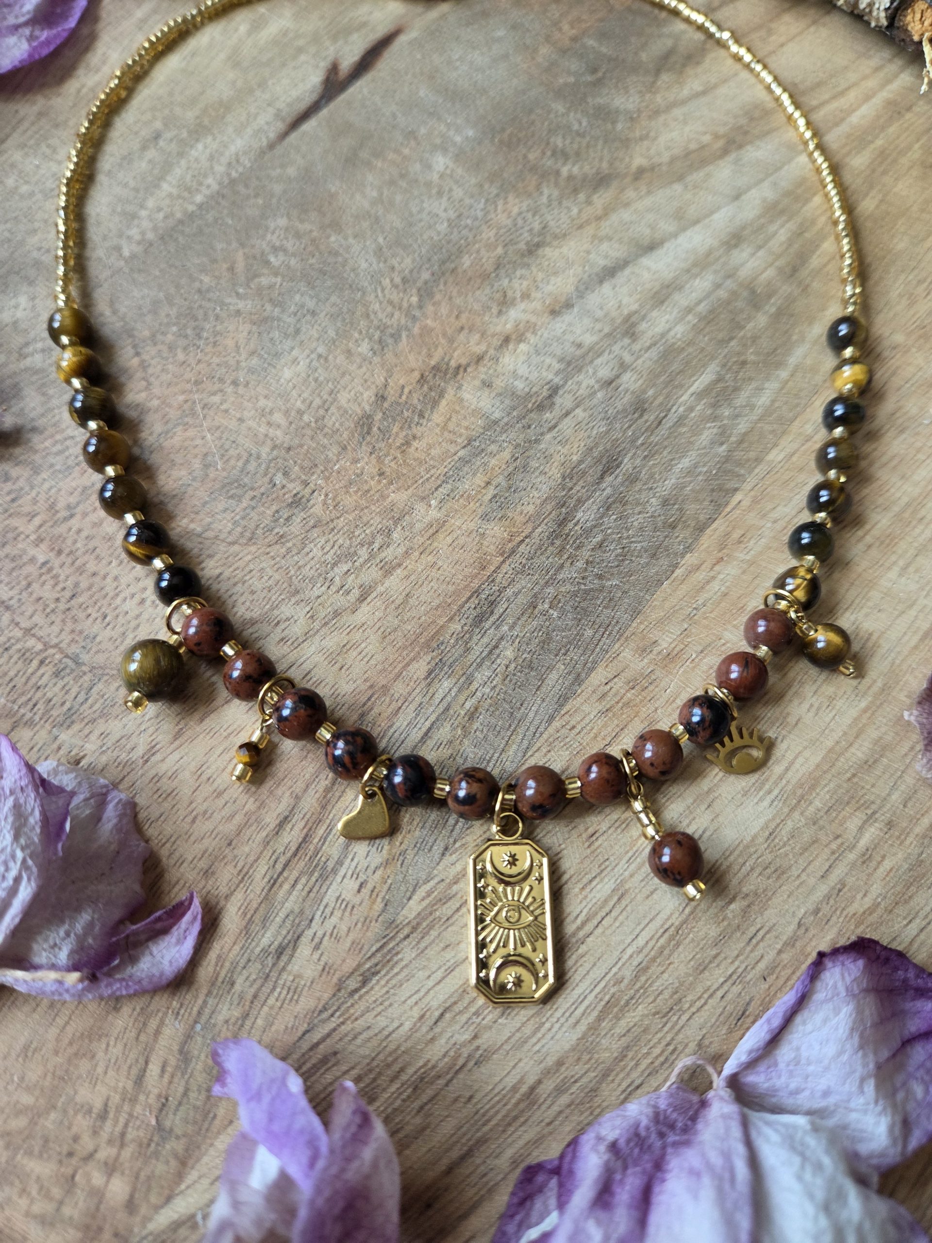 Collier breloques grigri - Obsidienne acajou & Œil de tigre – Image 4