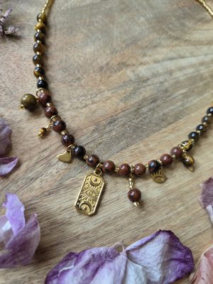 Collier breloques grigri – Obsidienne acajou & Œil de tigre