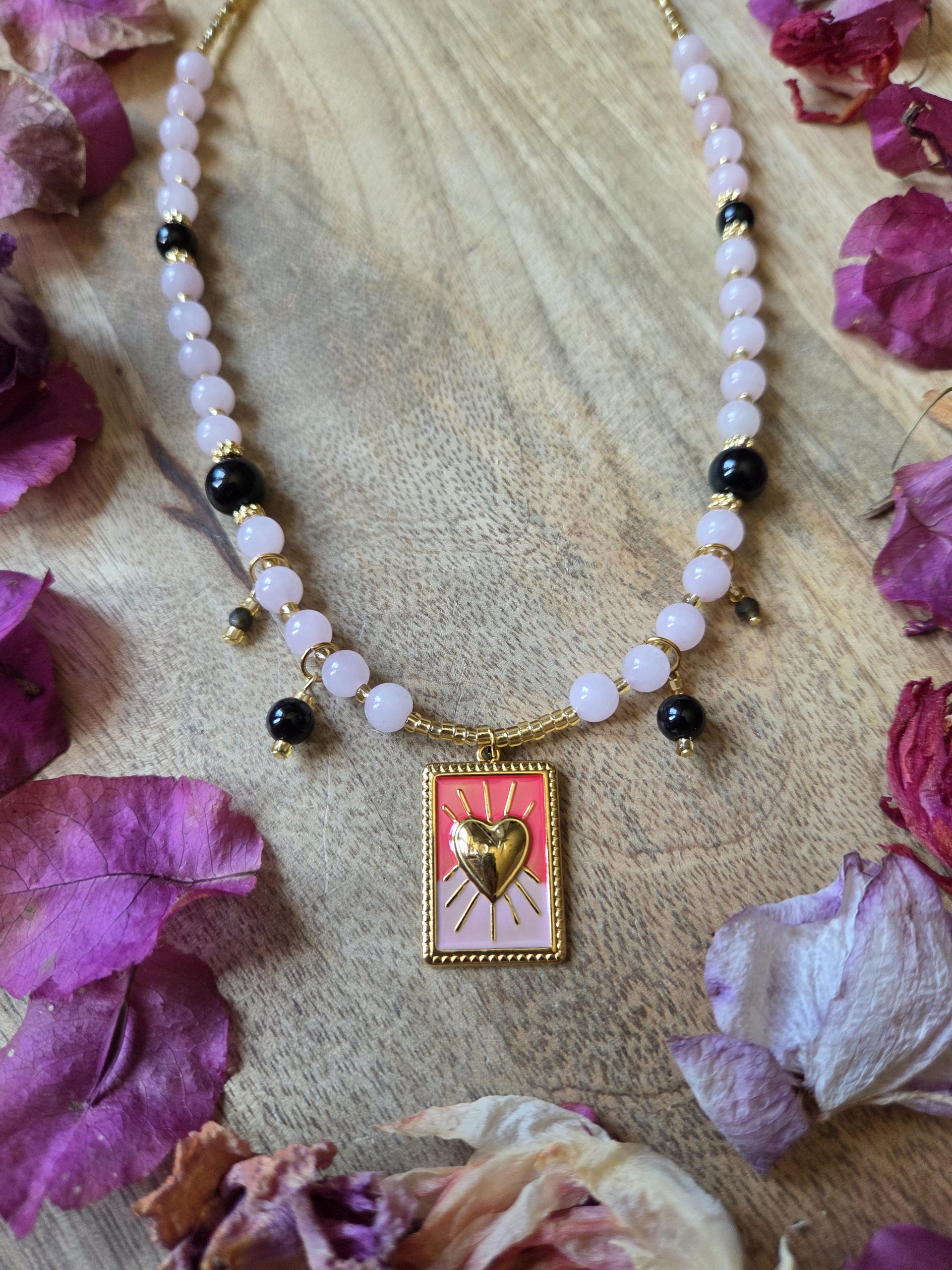 Collier cœur soleil "Protection du cœur" - Quartz rose & Obsidienne – Image 5
