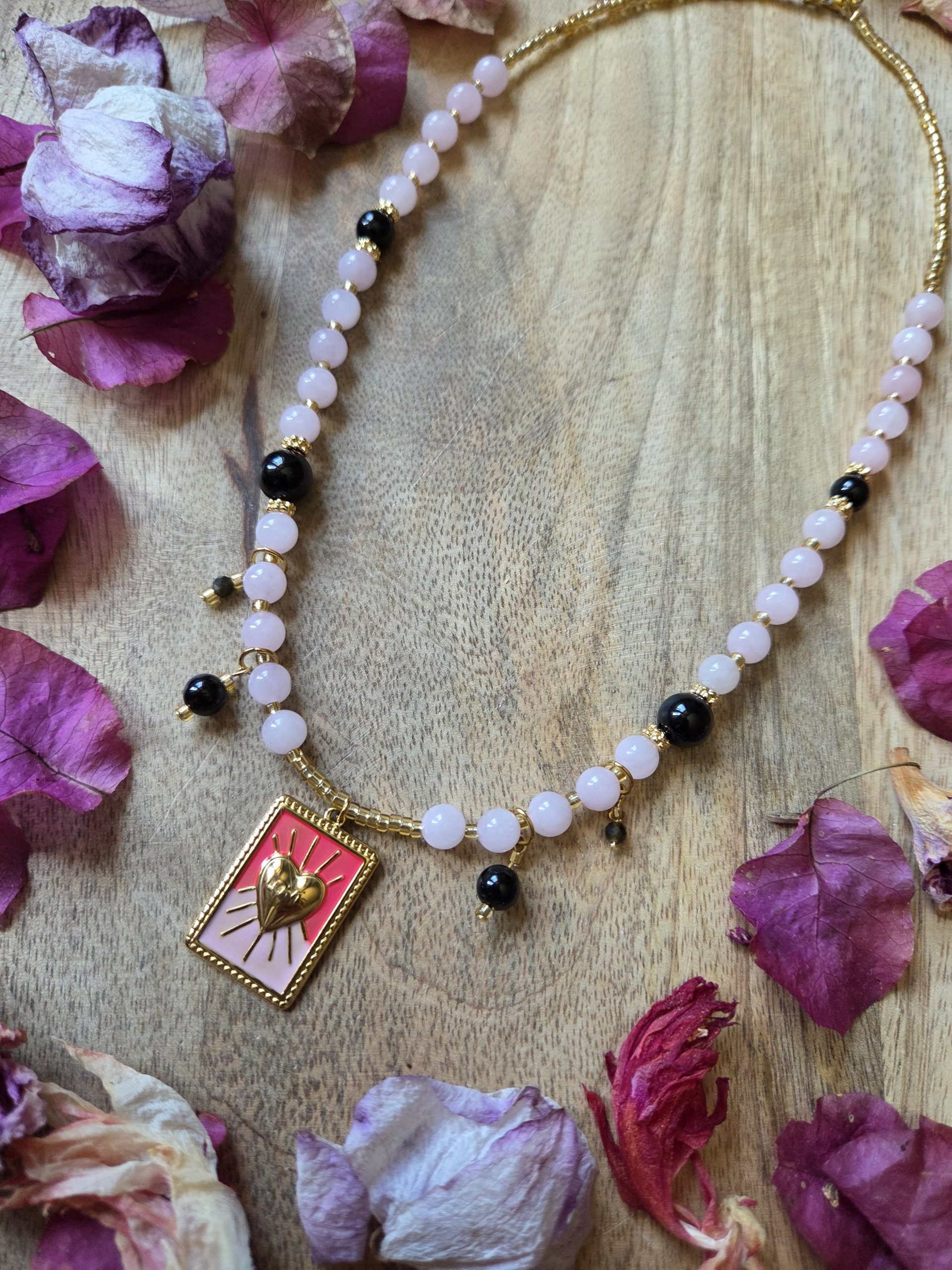 Collier cœur soleil "Protection du cœur" - Quartz rose & Obsidienne – Image 4