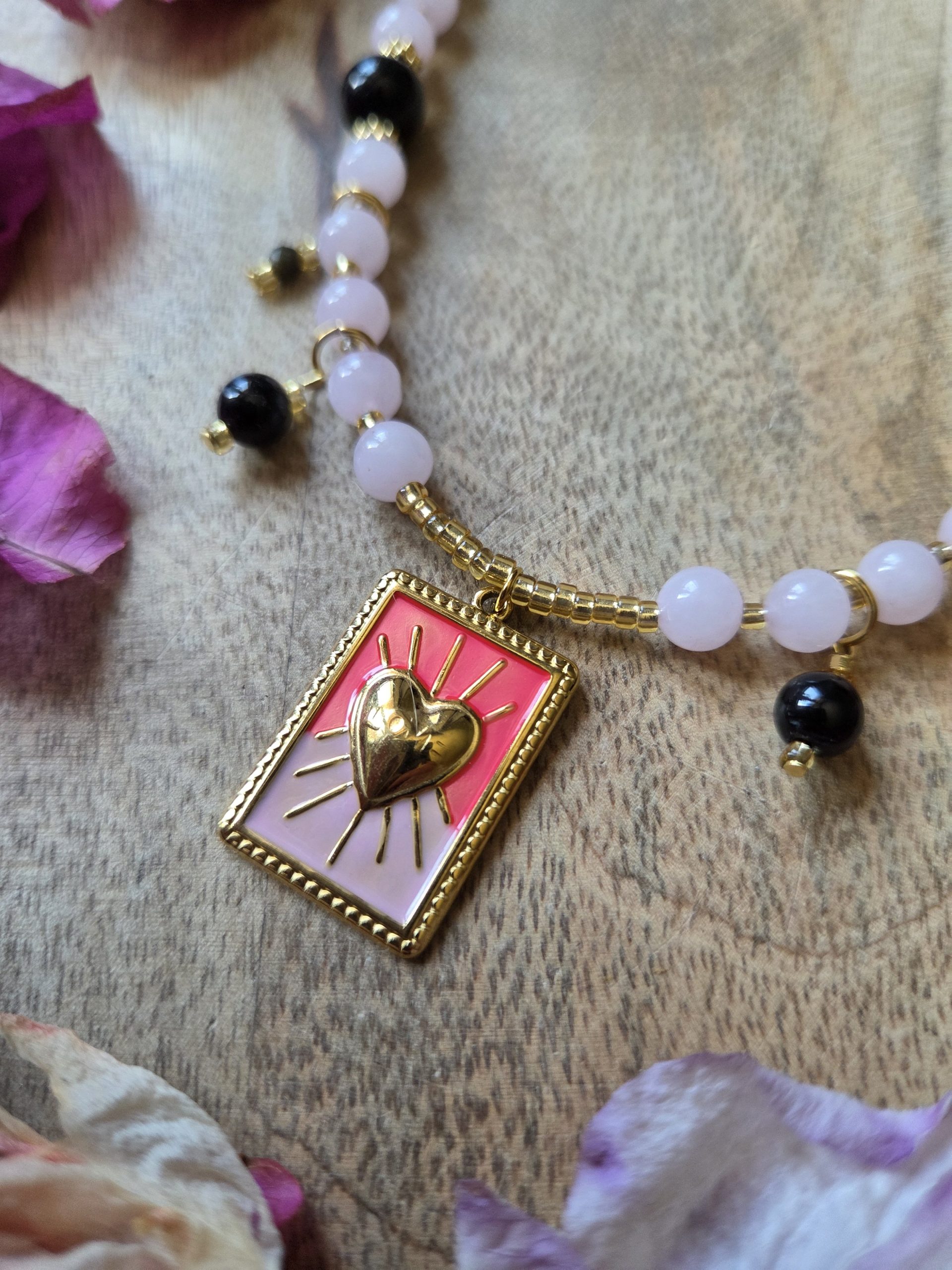 Collier cœur soleil "Protection du cœur" - Quartz rose & Obsidienne – Image 2