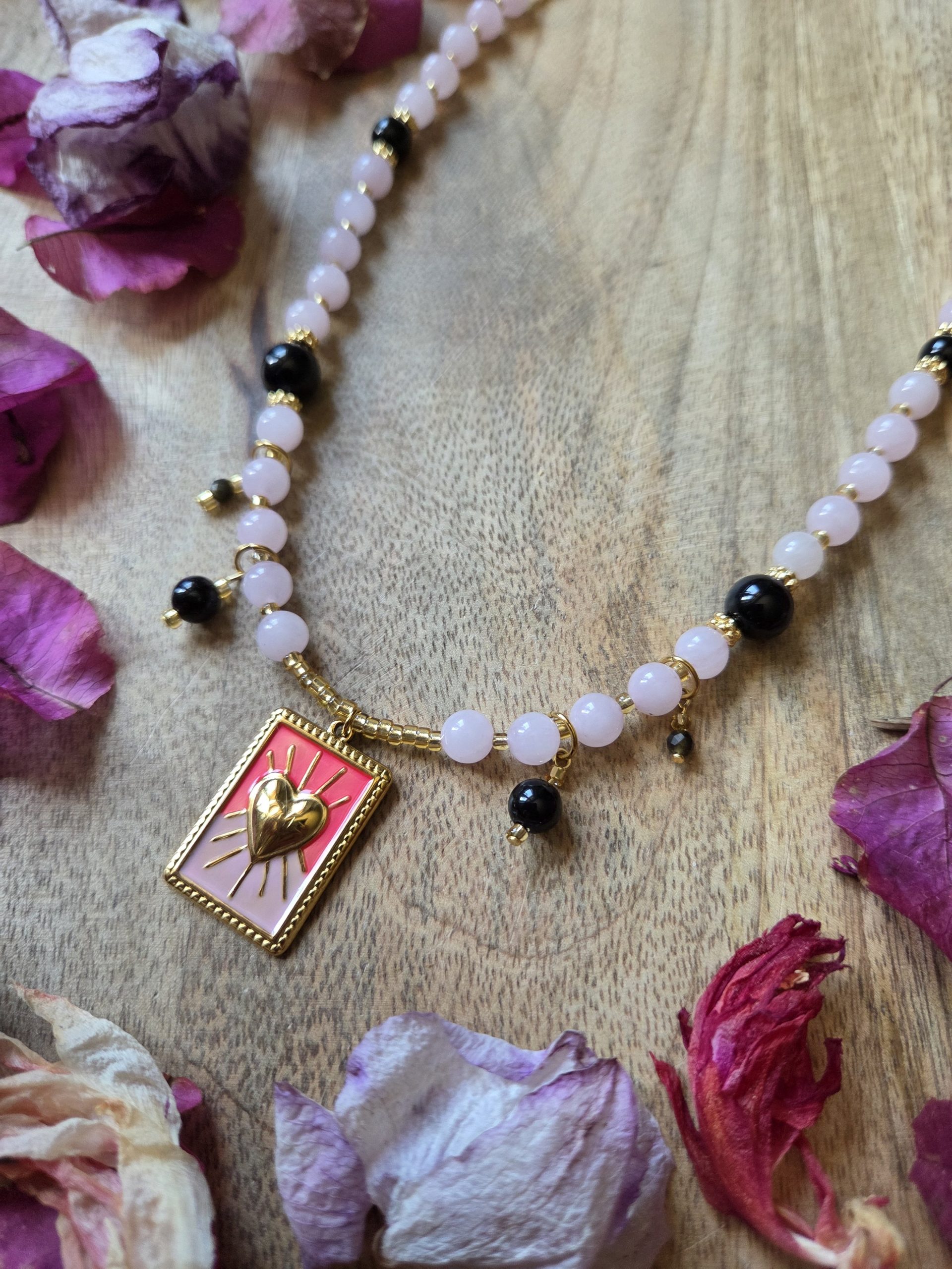 Collier cœur soleil "Protection du cœur" - Quartz rose & Obsidienne