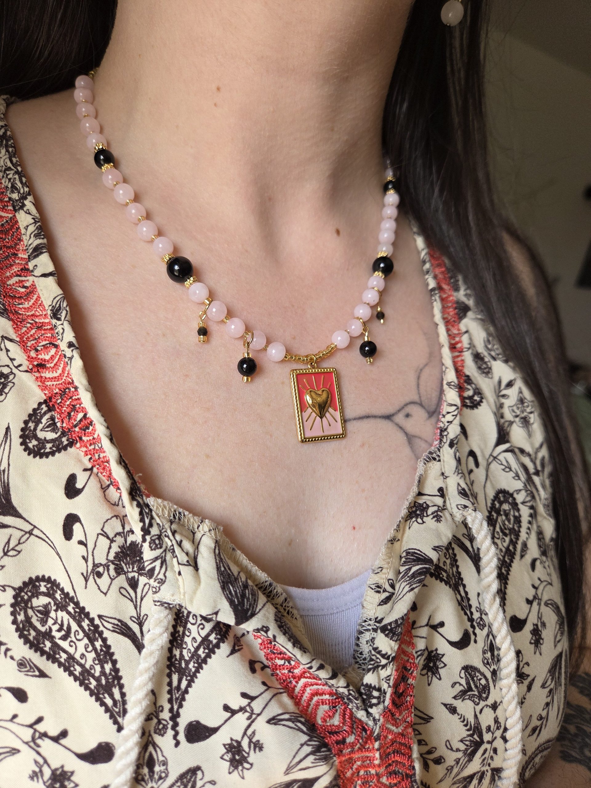 Collier cœur soleil "Protection du cœur" - Quartz rose & Obsidienne – Image 3