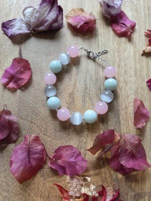 Commande personnalisée – Bracelet perles 12mm Amazonite, Quartz rose, Sélénite