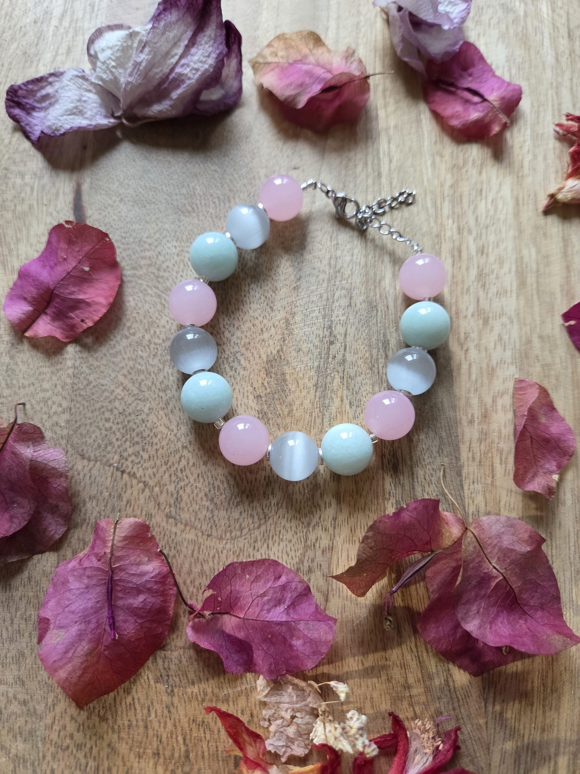 Commande personnalisée - Bracelet perles 12mm Amazonite, Quartz rose, Sélénite