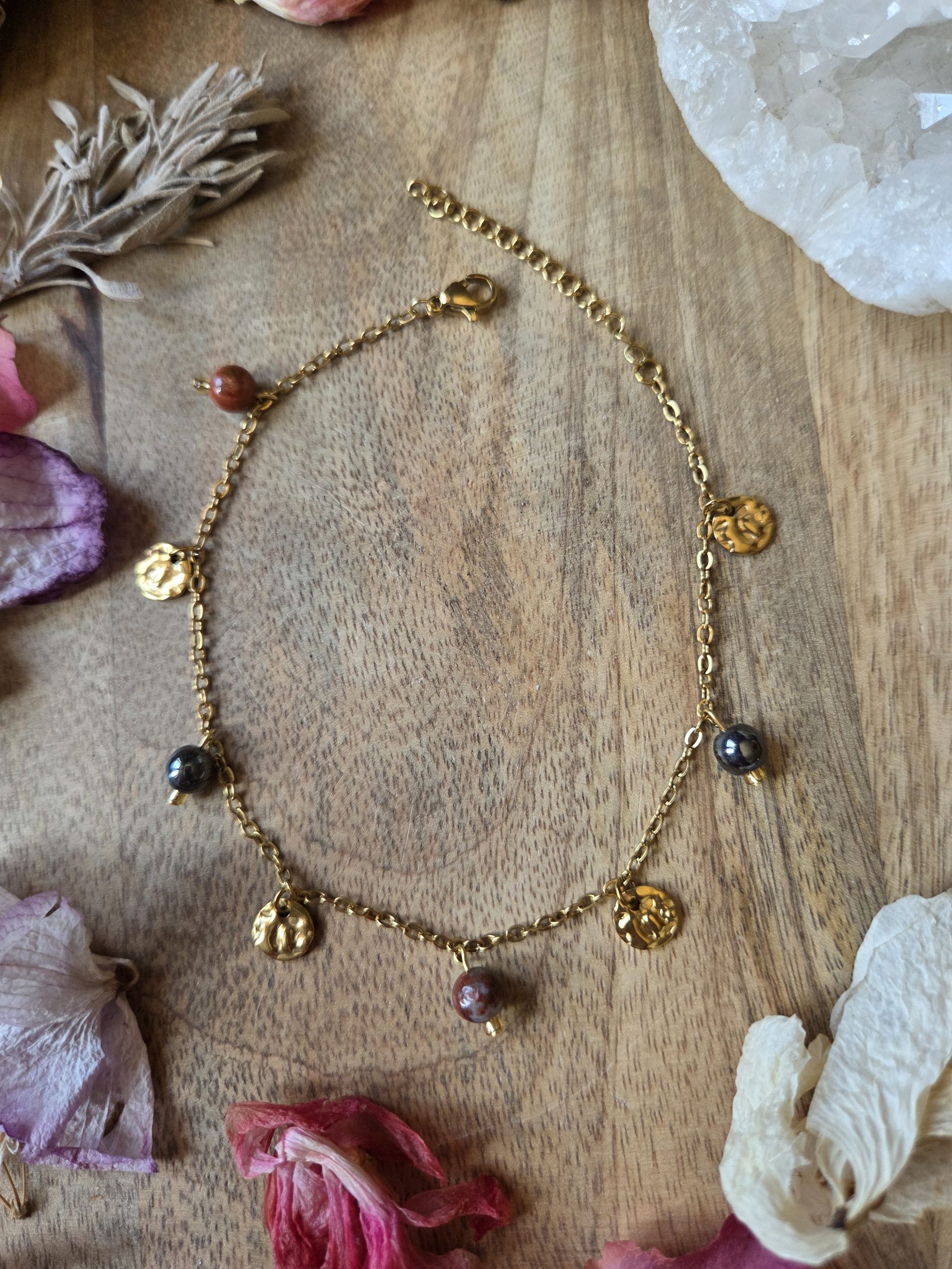 Bracelet de cheville Jaspe Rouge & Hématite – Jambes Lourdes – Acier inoxydable argenté ou doré – Image 8