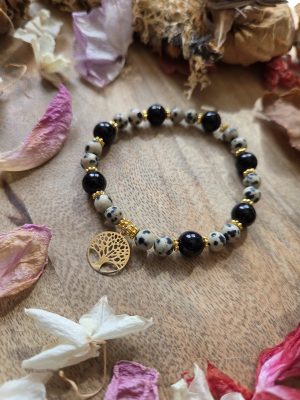 Bracelet Jaspe dalmatien et Obsidienne – Breloque arbre de vie acier inoxydable