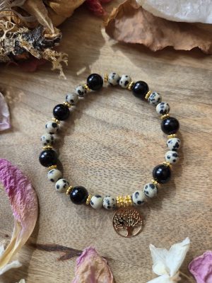 Bracelet Jaspe dalmatien et Obsidienne – Breloque arbre de vie acier inoxydable
