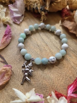 Bracelet Amazonite et Howlite – Breloque ange acier inoxydable