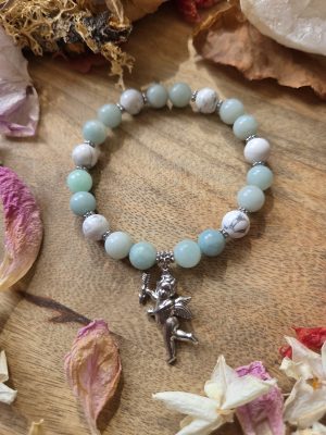 Bracelet Amazonite et Howlite – Breloque ange acier inoxydable