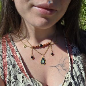 Collier Amulette chaînes acier inoxydable Jaspe rouge Obsidienne [Collection Witchy 🔮]