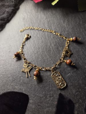 Bracelet breloques sorcière acier inoxydable Obsidienne acajou [Collection Witchy 🔮]