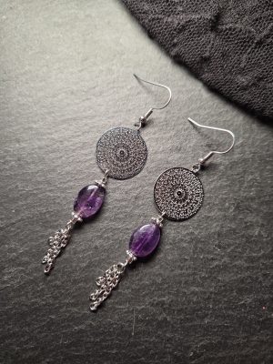 Boucles d&rsquo;oreilles Amulettes chaînes acier inoxydable, Améthyste [Collection Witchy 🔮]