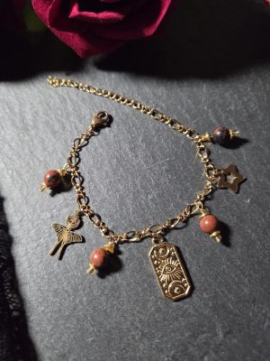Bracelet breloques sorcière acier inoxydable Obsidienne acajou [Collection Witchy 🔮]