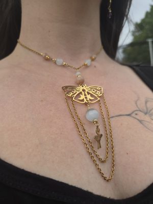 Collier Papillon Lune chaînes acier inoxydable Pierre de lune Sélénite [Collection Witchy 🔮]