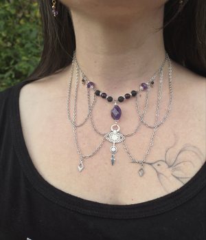 Collier Oeil multi chaînes acier inoxydable Améthyste Pierre de lave [Collection Witchy 🔮]