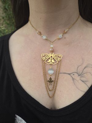 Collier Papillon Lune chaînes acier inoxydable Pierre de lune Sélénite [Collection Witchy 🔮]