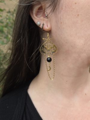 Boucles d&rsquo;oreilles Papillon de nuit Lune chaînes acier inoxydable, Obsidienne [Collection Witchy 🔮]