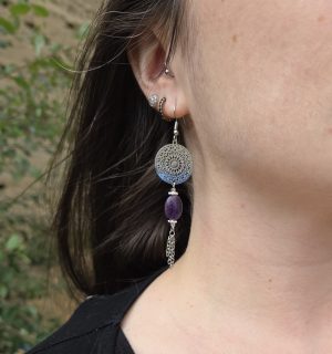 Boucles d&rsquo;oreilles Amulettes chaînes acier inoxydable, Améthyste [Collection Witchy 🔮]